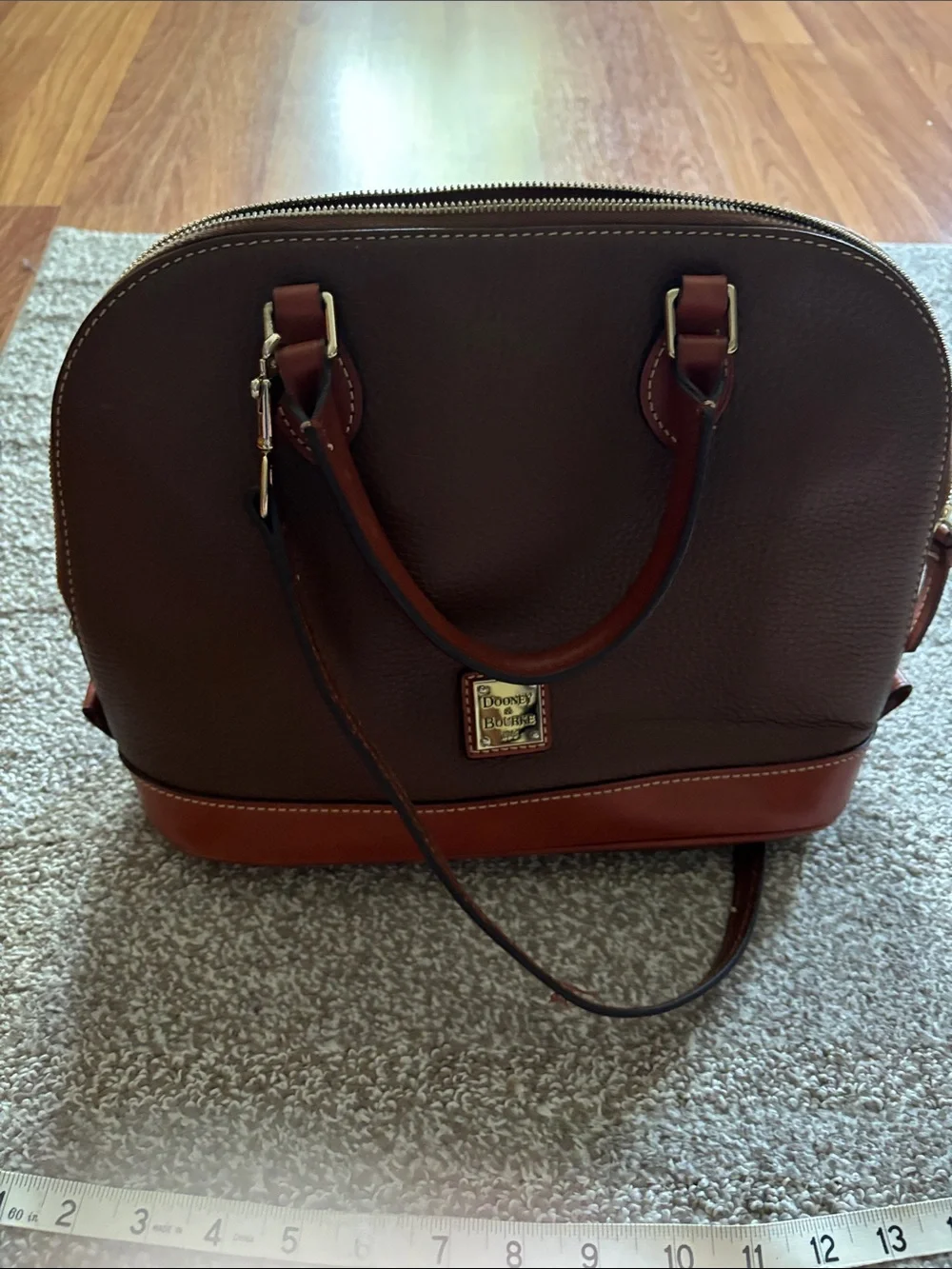Dooney & Bourke Brown Pebbled Leather Dome Satchel with Tan Trim